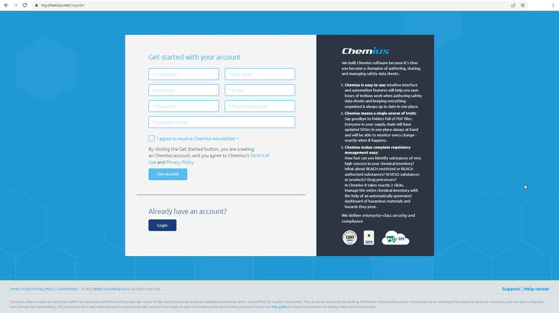 Chemius create account