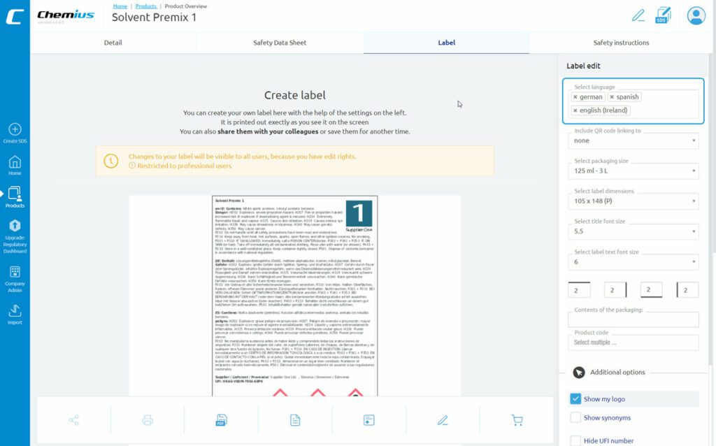 Chemius edit label language