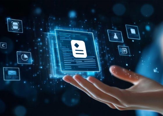 A hand reaching out towards a holographic display featuring a document or file icon in white against a dark background. Around the central document icon are various smaller holographic icons floating in space, including charts, emails, and other data visualizations. The scene is illuminated in ethereal blue tones with bokeh effects, suggesting a futuristic digital safety data sheets and technical data sheets document management or data organization system.