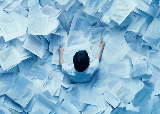 An overhead view of a person surrounded by an overwhelming pile of papers, symbolizing the manual and time-consuming process of searching for safety data sheets. The individual appears to be sifting through the scattered documents, emphasizing the challenge of finding specific information in a disorganized environment.