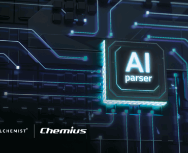 A digital illustration of a futuristic circuit board with glowing blue lines and nodes, featuring a central chip labeled “AI parser.” The bottom left displays the Allchemist logo and name, while the bottom right shows the Chemius logo and name. The overall color scheme is dark with neon blue highlights.