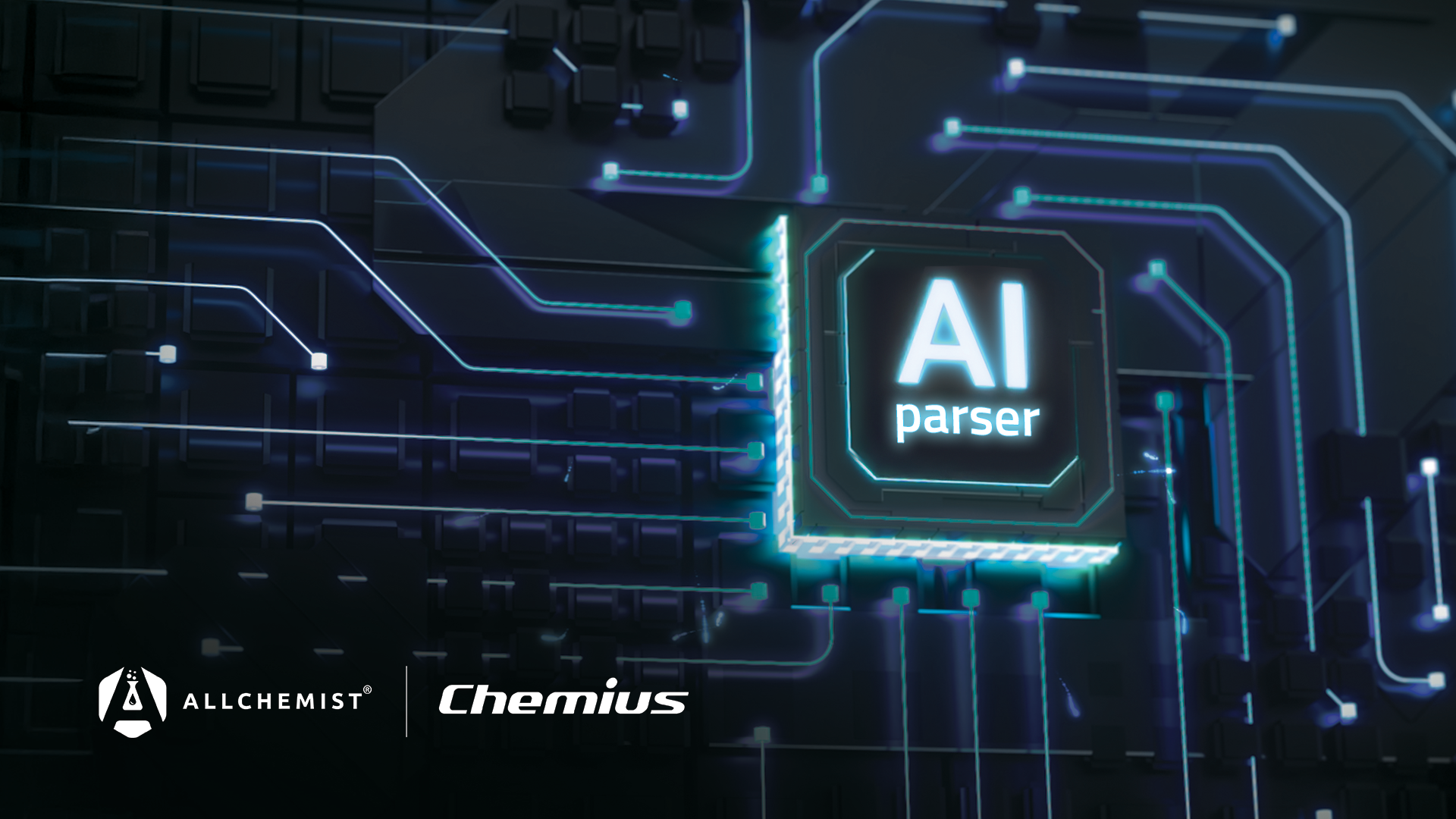 A digital illustration of a futuristic circuit board with glowing blue lines and nodes, featuring a central chip labeled “AI parser.” The bottom left displays the Allchemist logo and name, while the bottom right shows the Chemius logo and name. The overall color scheme is dark with neon blue highlights.