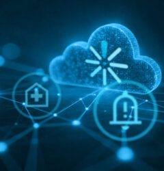 A digital illustration of a glowing cloud icon representing cloud computing, surrounded by various healthcare and emergency-related icons, all interconnected by a network of blue lines and dots on a dark background.