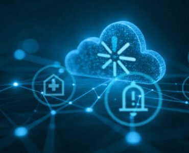 A digital illustration of a glowing cloud icon representing cloud computing, surrounded by various healthcare and emergency-related icons, all interconnected by a network of blue lines and dots on a dark background.