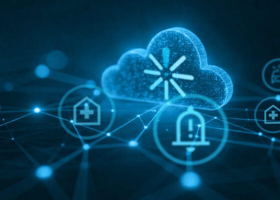 A digital illustration of a glowing cloud icon representing cloud computing, surrounded by various healthcare and emergency-related icons, all interconnected by a network of blue lines and dots on a dark background.