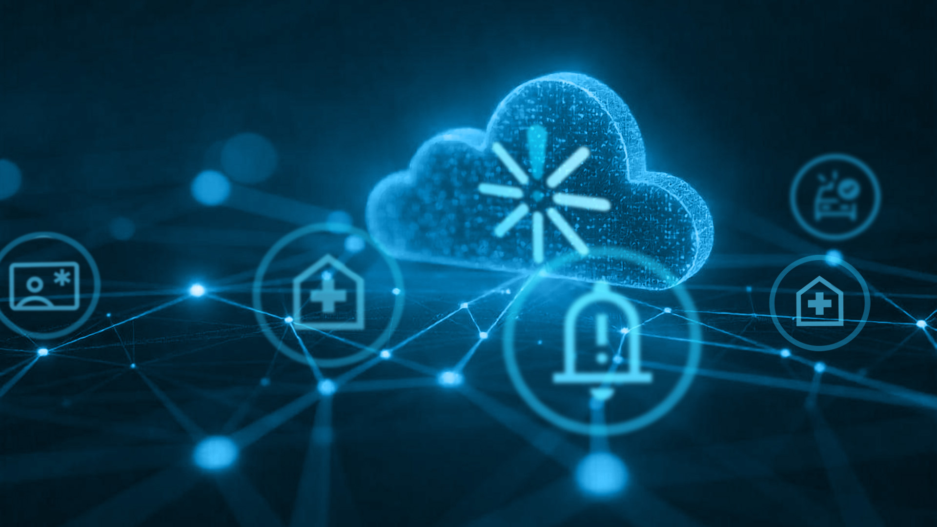 A digital illustration of a glowing cloud icon representing cloud computing, surrounded by various healthcare and emergency-related icons, all interconnected by a network of blue lines and dots on a dark background.